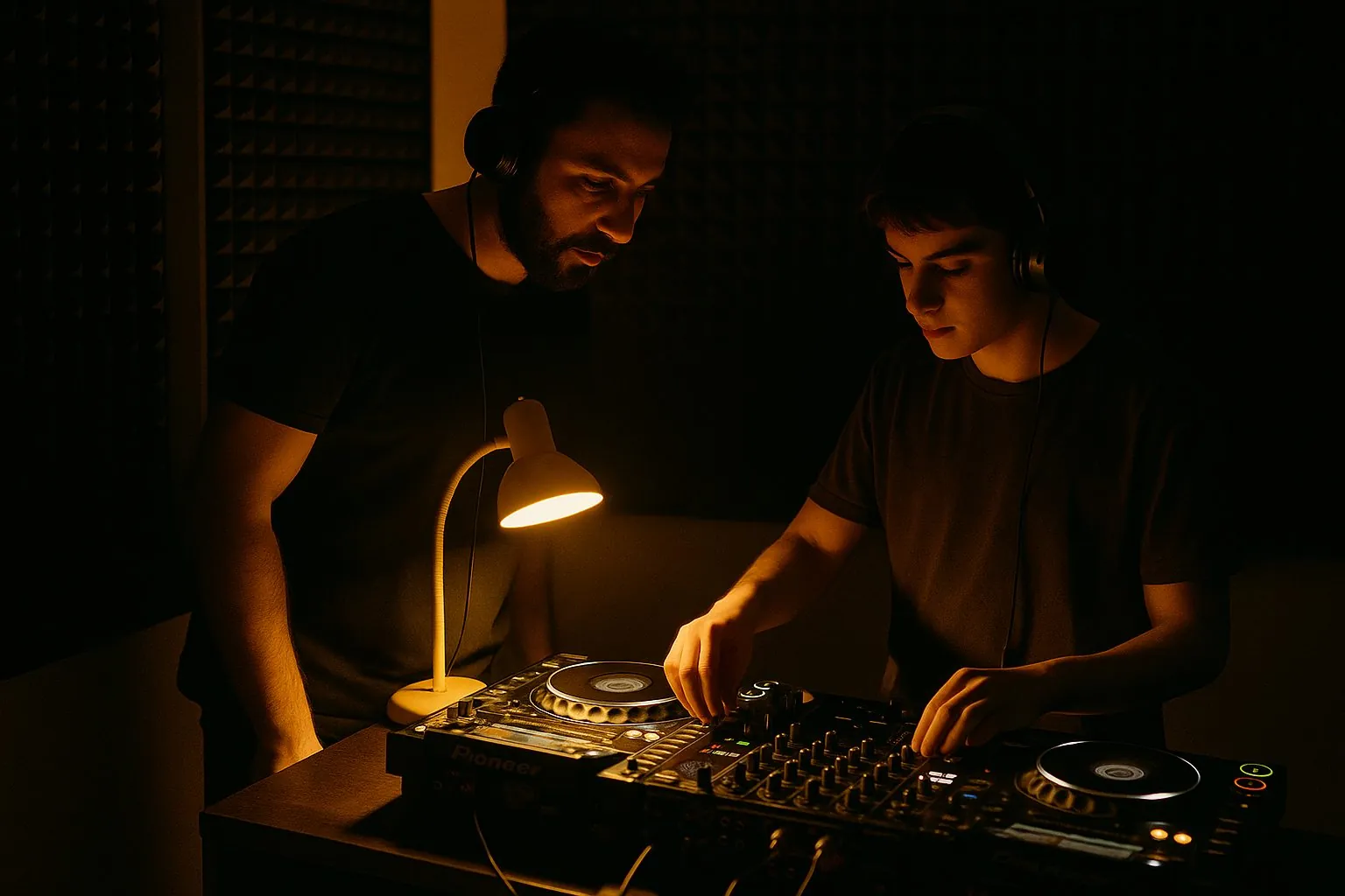İzmir DJ kursu dersi: eğitmen, DJ ekipmanı başındaki öğrenciye anlatıyor